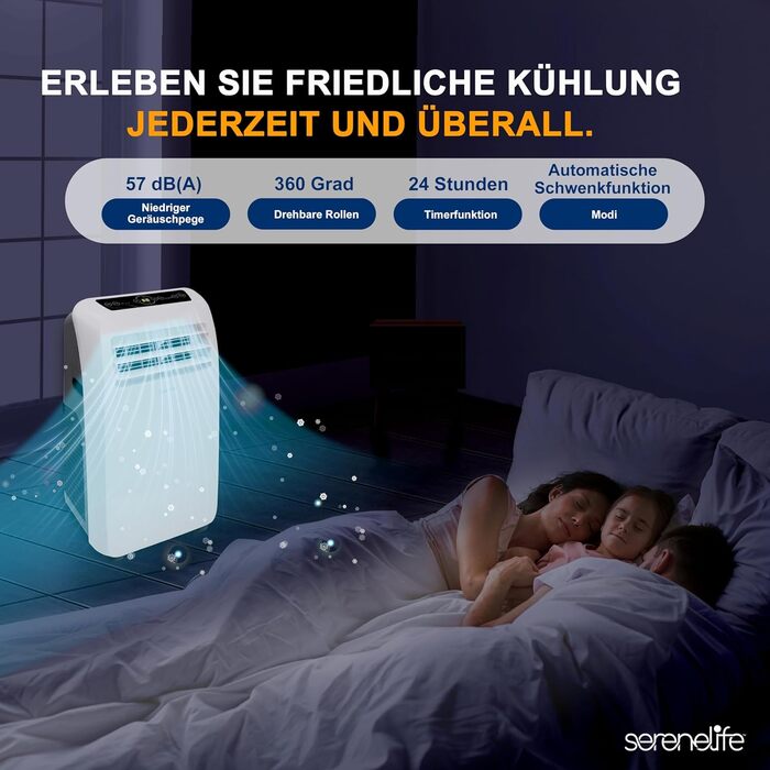 Мобільний кондиціонер SereneLife 9000 BTU з виносним шлангом – 3 в 1: кондиціонер, вентилятор, осушувач повітря. Підходить для приміщень до 42 м², білий.