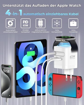 Зарядний пристрій 65W USB-C GaN з кабелями для Apple Watch, iPhone, iPad, MacBook, Samsung Galaxy - білий