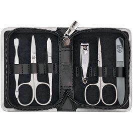 Набір для манікюру та педикюру DREI SCHWERTER 'Ferrara' 6 предметів, німецька якість, чорна шкіра | Манікюрний набір, шкіряний чохол, 6 предметів: ножиці для нігтів, ножиці для кутикули, кусачки, скляна пилка, засіб для очищення нігтів, пінцет