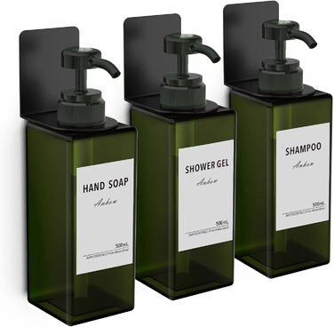 Дозатор мила настінний Anhow 3er PETG, набір 3 шт., зелений, 500 мл, без свердління, для кухні/ванної кімнати