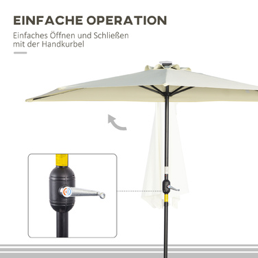 Сонцезахисний парасоль від Outsunny, 265x240 см, напівкруглий з LED-підсвіткою, напівкругла парасоль для тераси з ручним механізмом та сонячною панеллю, метал, бежевий