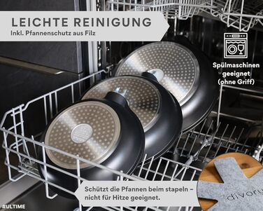 Пательня велика 28 см з антипригарним покриттям, знімною ручкою, для всіх типів плит (індукція) + захисні підкладки з повсті, без PFOA/PFOS, чорна