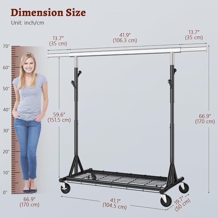 Легкий мобільний вішак для одягу на колесах FAVOOOSTY, металевий, до 200 кг, чорний, 1 стяжка