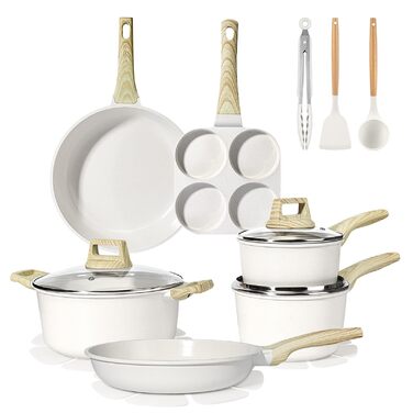 Набір кухонного посуду GiPP з кришкою, антипригарне покриття кераміки, набір каструль та сковорідок для всіх типів плит, (білий, 17 предметів)