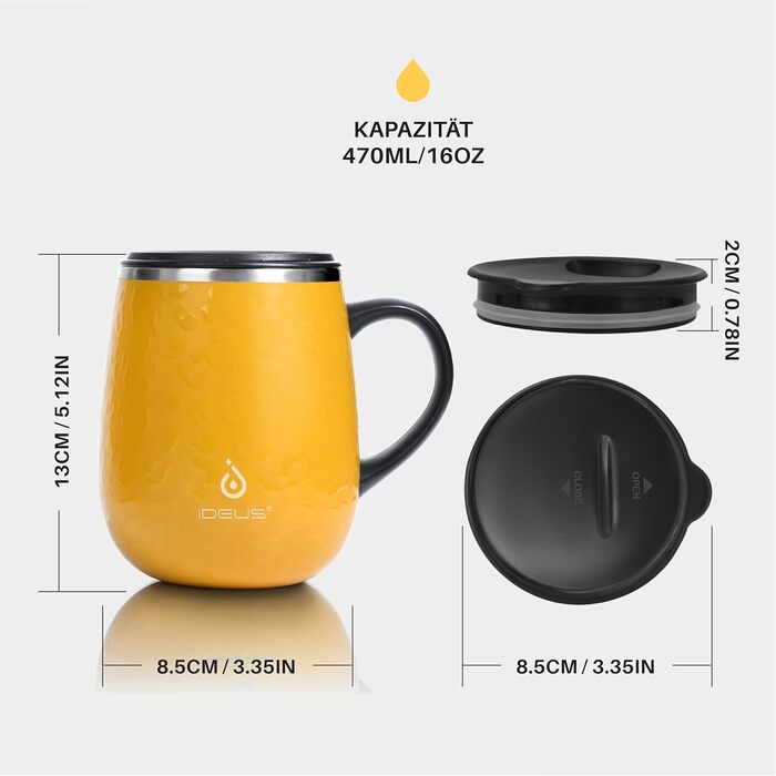 Кружка для кави та чаю Ideus 470 мл з подвійними стінками, з нержавіючої сталі, з нековзким ручним тримачем та кришкою-ковзаючою панеллю, великий об'єм (Трав'яний зелений) (Леопардовий жовтий)