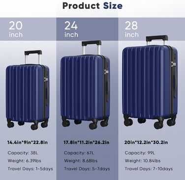Набір валіз SHOWKOO 2 шт. з жорсткою оболонкою 65см+75см, розширюваний, ультралегкий, з полікарбонату, з TSA замком та 4 колесами (Темно-синій, XL/75CM)