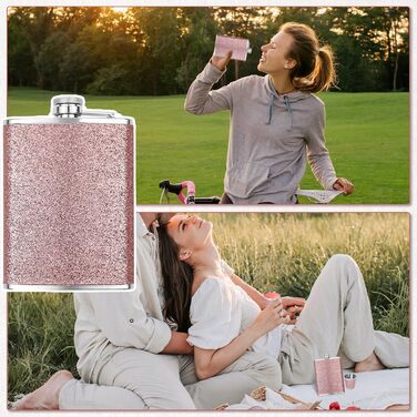 Фляга з нержавіючої сталі з воронкою та 2 склянками для шнапсу, рожевий стакан для шотів, портативна фляга, пляшка для віскі, шкіряна 8oz/240ml, для подорожей, вечірок, кемпінгу, подарунок