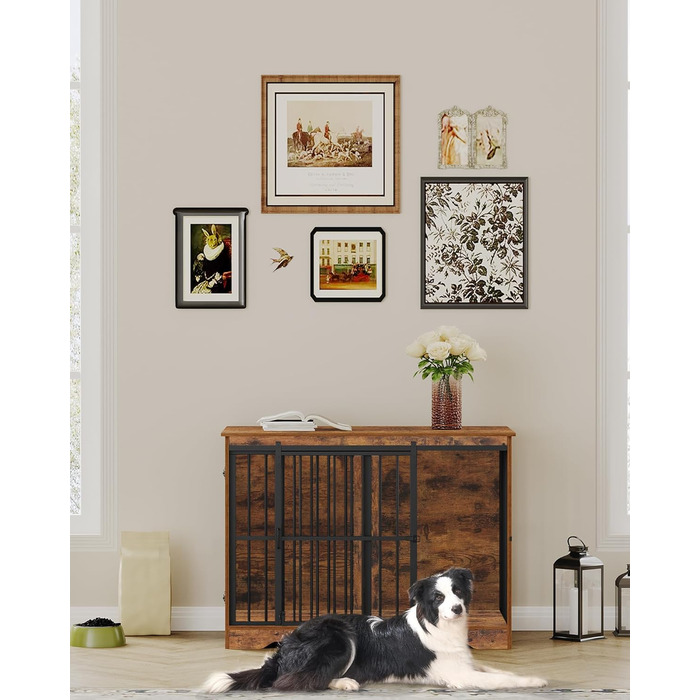 Клітка для собак Hzuaneri, 110 см, 2 двері, сучасний дизайн, для собак малих, середніх та великих порід (до 100 кг), з функцією приліжкового столика, посилена ковзна дверцята, 65 × 110 × 81 см, колір Vintage Brown, DFC84401B