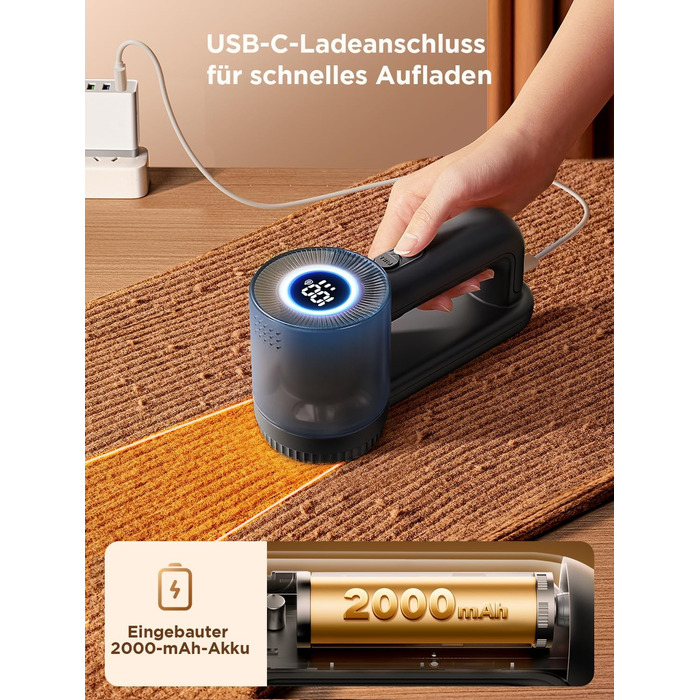 Електричний видальник ворсу 2-в-1 з трьома швидкостями для всіх тканин, з цифровим дисплеєм, 3 леза, USB-C кабель (білий/чорний)