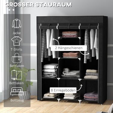 HOMCOM Wardrobe Fabric Closet with Drawers, Hanging Rail and Zipper, Fabric Clothes Closet Folding Wardrobe for Bedroom, Dressing Room, 102 x 42.5 x 162.5 cm, (Black, 125L x 43W x 162.5H cm)