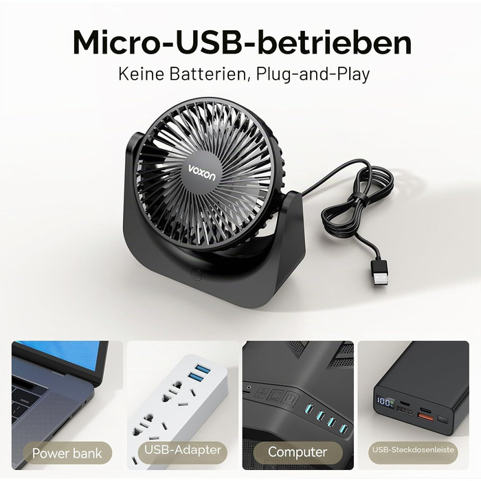 USB-вентилятор VOXON, міні-вентилятор настільний з 5 рівнями швидкості, безшумний портативний обдув для офісу, дому та спальні, кабель 1.5м, білий
