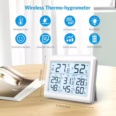 Brifit Hygrometer Thermometer, Indoor/Outdoor Humidity Meter with 3 Sensors, Digital Indoor/Outdoor Thermometer with Backlight, ℃/℉ Switch, MIN/MAX Display, for Office, Room - White
