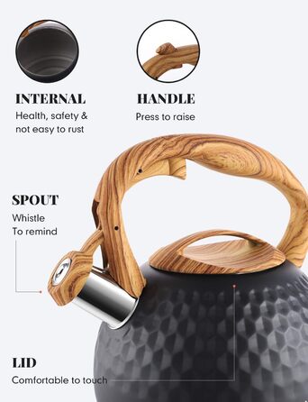 Чайник BELANKO Teekessel 2.7л з свистком, з дерев'яною ручкою, з нержавіючої сталі, чорний матовий, для плити, індукції, діамантовим дизайном