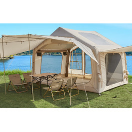 Надувний кемпінговий намет Glamping для 6-8 осіб, 2025, бежевий, з москітною сіткою та тентом 16.4*14.4 м