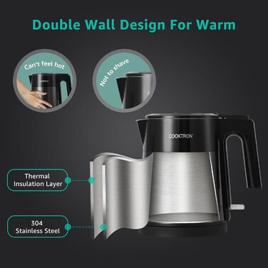 Електричний чайник Cooktron з нержавіючої сталі, 1.7л, тихий (<30дБ), без BPA, Cool Touch, подвійні стінки, швидкий нагрів