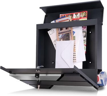 Поштова скринька Verda з газетницею, антрацит RAL 7016, срібло, 37x37x11 см, 2 ключі, комплект для монтажу. Дизайнерська настінна поштова скринька