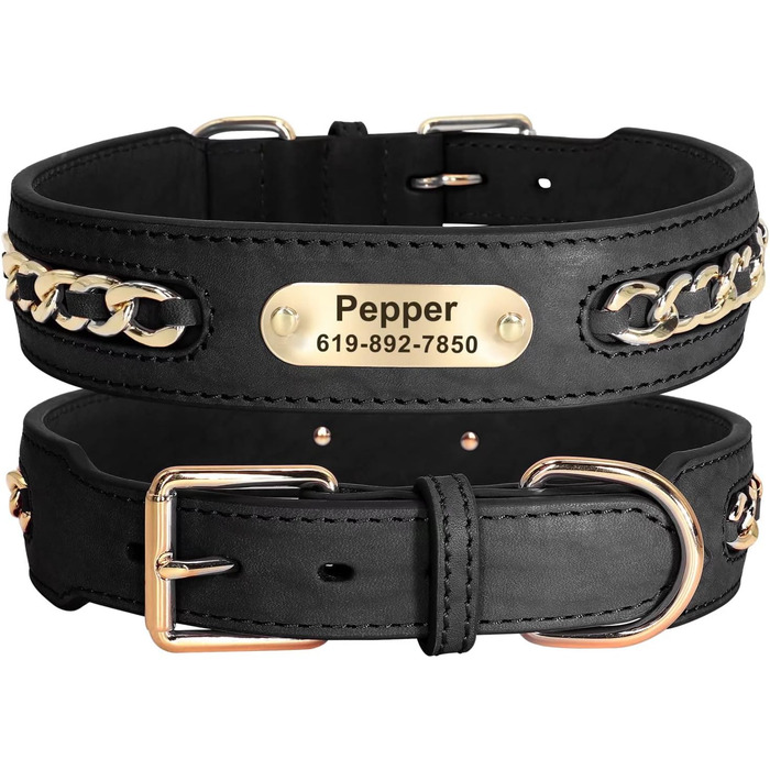 Стильний шкіряний нашийник для собак Didog: чорний, регульований, з гравіюванням, L (17.0-20.0 см)