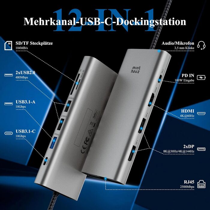 Док-станція Minthouz USB-C для HP, Lenovo, Dell: 12 в 1, 8K@30Hz/4K@144Hz, 4xUSB, 100W PD, 2.5G LAN, SD/TF, 3.5mm, Thunderbolt 3/4