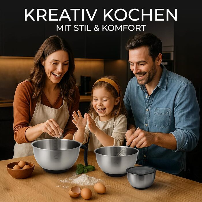 Набір мисок для перемішування Lort з нержавіючої сталі з кришкою та тертками | Набір кухонних мисок з антиковзким дном та можливістю складання | Салатник з 3 насадками-терками | Можна мити в посудомийній машині, нержавіюча сталь