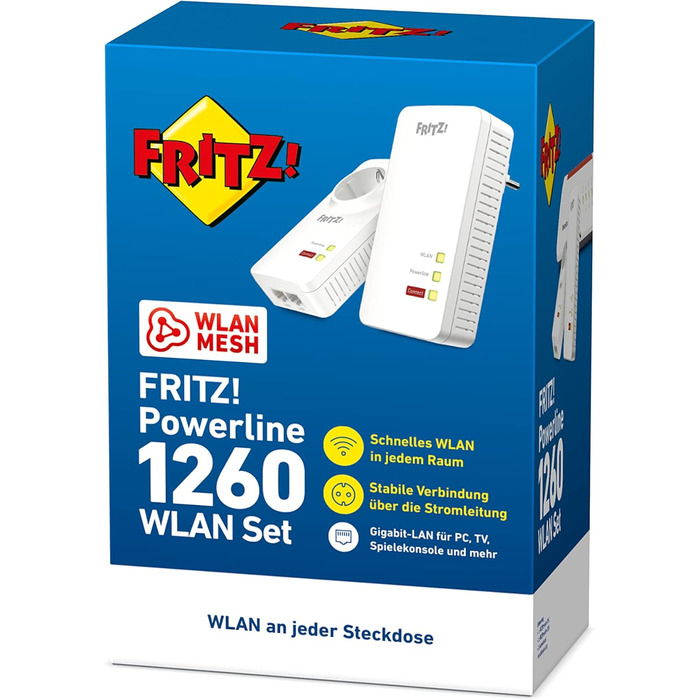 Набір FRITZ!Powerline 1260/1220 WLAN: точка доступу Wi-Fi, для медіа та NAS, 1200 Мбіт/с