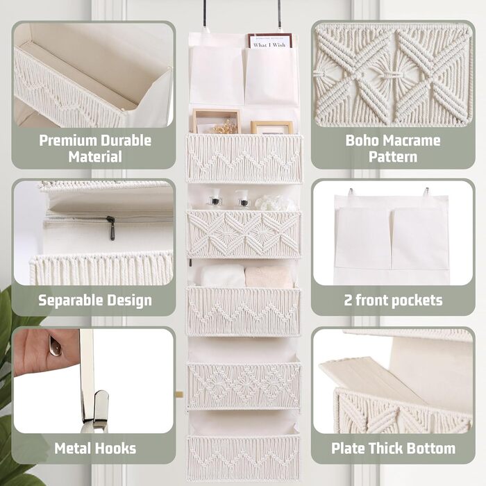 Організатор для дверей з 4 кишенями, Бохо декор, Настінна полиця-організатор з 2 гачками, Складаний настінний органайзер для спальні, дитячої кімнати, ванної (5 кишень-слонова кістка)