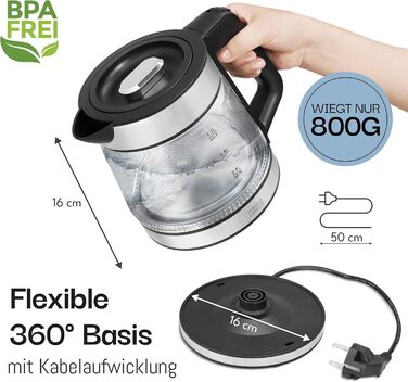 Скляний чайник LEBENLANG 1,2 л з LED-підсвічуванням - нержавіюча сталь, BPA-Free | Чайник для подорожей, кемпінгу