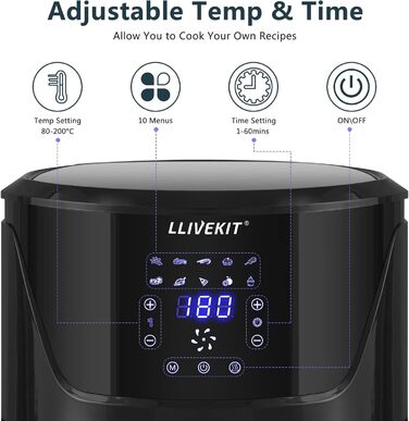 Фритюрниця LLIVEKIT з 2 камерами, 4.5L+4.5L, Airfryer 9-в-1, без олії, з сенсорним екраном, таймером