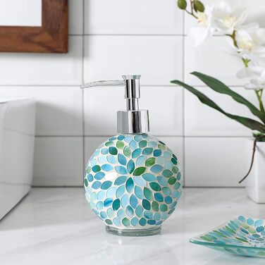 Набір аксесуарів для ванної кімнати KMWARES з мозаїчного скла, 4 шт. (диспенсер для мила, стакан для зубних щіток, піднос для косметики), блакитний, зелений, білий