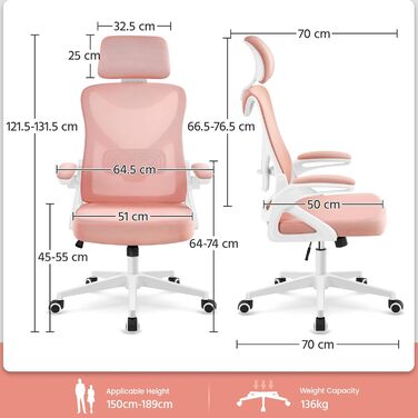 Крісло офісне Yaheetech ергономічне, з підйомними підлокітниками, регульованою підголівником, функцією гойдання, до 136 кг, білий/рожевий