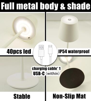 Акумуляторна настільна лампа Vollmetall з LED, 5000mAh, 2 шт., 3 режими світла, сенсорне регулювання, заряджається, для спальні, їдальні, готелю, золота (бежева)