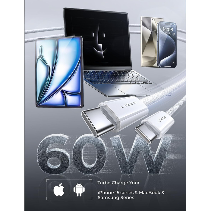 Набір USB-C кабелів LISEN 60W (3x1м + 1x2м), білий. Підтримка PD 3.0, сумісний з iPhone, Switch, Samsung, Pixel, MacBook, iPad, Xiaomi