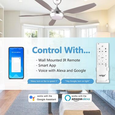 Вентилятор стельовий Reiga з LED-підсвічуванням та пультом керування, 132 см, білий, DC-двигун, тихий, 6 швидкостей, 3 колірні температури, для внутрішнього та зовнішнього використання (5 лопатей, сріблястий)