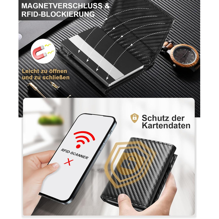 Чоловічий гаманець UNOSEKS з RFID захистом: Slim Wallet з відділом для монет та карткою для ID, на 1-6 карт (алюміній, карбон)