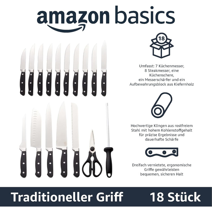 Amazon Basics Premium Knife Block Set, 9-Piece, Black - Includes 18 Knives