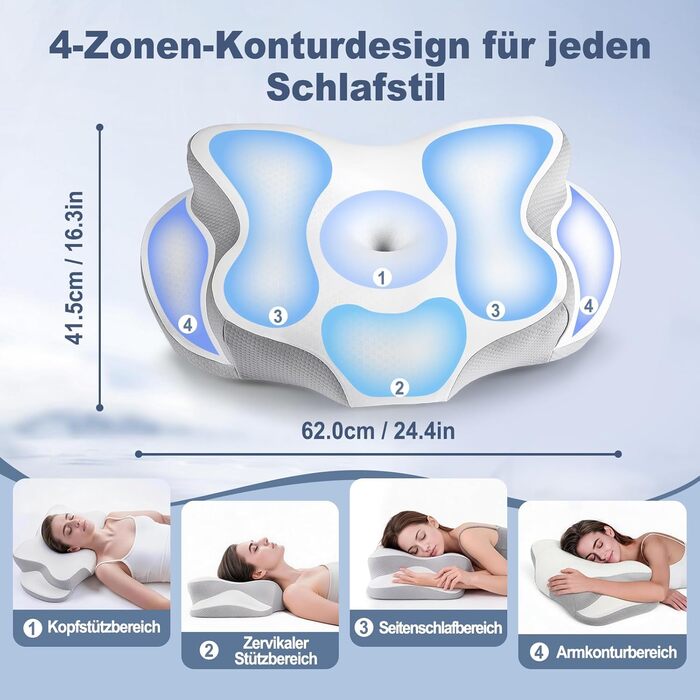 Ортопедична подушка з Memory Foam для сну на боці, спині та животі, біла. Знімний дихаючий чохол.