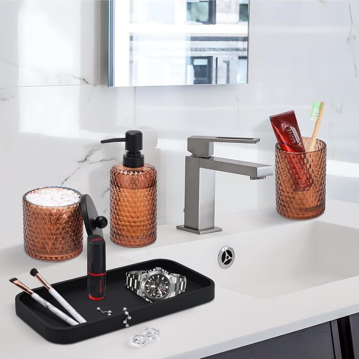 Набір аксесуарів для ванної кімнати, 4 шт. з бурштинового скла: дозатор мила, тримач для зубних щіток, контейнер для ватних паличок та піднос з штучного каміння. Організатор для стільниці.