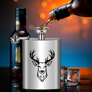 Фляга туристична 237мл з нержавіючої сталі, з воронкою та листівкою, чорна, з візерунком голови оленя, для кемпінгу, піших прогулянок та активного відпочинку