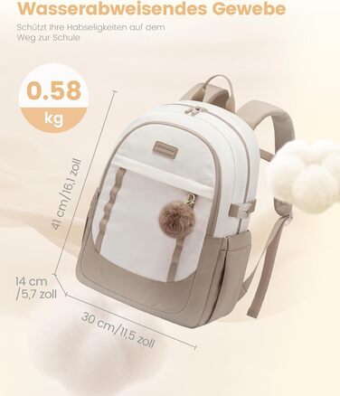 Шкільний рюкзак LOVEVOOK для дівчаток-підлітків, 15.6 дюймів, з відділенням для ноутбука, легкий, з помпоном, для школи, середньої школи, світло-жовтогарячий (15.6 дюймів, Y-бежевий світло-фіолетовий)