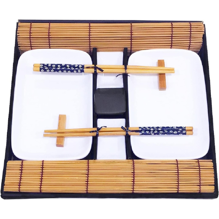 Набір для суші Exzact (10 шт.) – 2 тарілки, 2 миски для соусу, 2 підставки під столові прилади, 2 пари паличок для їжі – преміум-порицелан, подарункова коробка