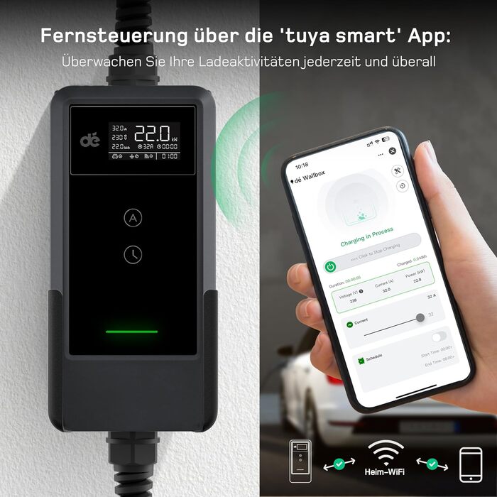 Зарядна станція для електромобілів Dé 11 кВт (3 фази, 6-16A) з регульованою потужністю, кабель CEE 16A - Type 2, сумісна з Model Y/3, ID.3/4/5, MG4, EX30, e-up, e-tron та BEV/PHEV, комплект 7м