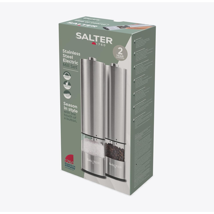 Електричні соляна та перецева млини Salter 7522 SSTUR15UP з нержавіючої сталі, прозорий акриловий корпус, регульований ступінь помелу, One-Touch, вбудоване світло, поворотний замок, зручні для людей з артритом