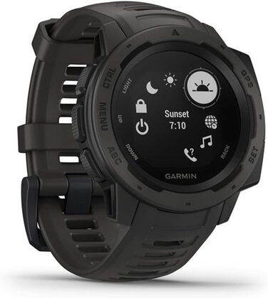 Garmin Instinct - водонепроникний GPS-годинник зі спортивними та фітнес-функціями. Вимірювання частоти серцевих скорочень на зап'ясті, фітнес-трекер та сповіщення зі смартфона. Багато моделей на вибір, ремінець чорний