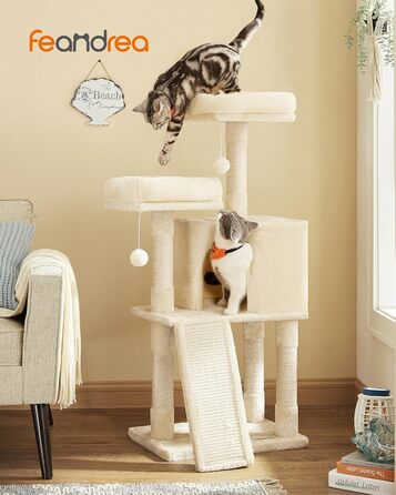 Драбина-кіготь Feandrea для котів, 115 см, бежева, з платформою та м'яким плюшем, повністю обмотана сизалем, PCT141W01