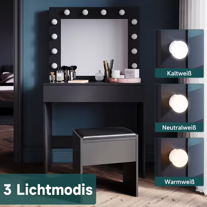 Туалетний столик SONNI з LED-підсвіткою, дзеркалом HD, 3 кольори, 10 рівнів яскравості, з шухлядами, чорний, 80x40x140 см – косметичний стіл для спальні
