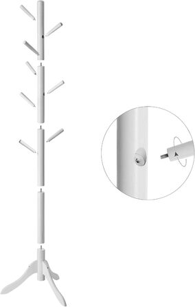 VASAGLE Coat Rack, Solid Wood Clothes Rack, Coat Stand with 8 Hooks, Tree Shape, 3 Adjustable Heights, for Coats, Jackets, Bags, for Entryway, Bedroom, RCR01GY (White)