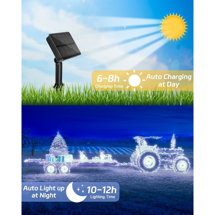 Сонячна гірлянда для зовнішнього використання, 12м, 120 LED, холодне біле світло, 8 режимів. Підходить для декору саду, двору, тераси, весіль. Вологостійка.