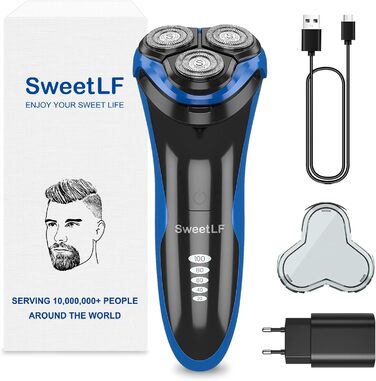 Електричний верстат для гоління SweetLF [2023 Neu] для чоловіків з 3D-поворотною головкою, LED-дисплеєм, IPX7 водонепроникністю та зарядним пристроєм (3 леза + 1 швидка зарядка, чорно-синій)