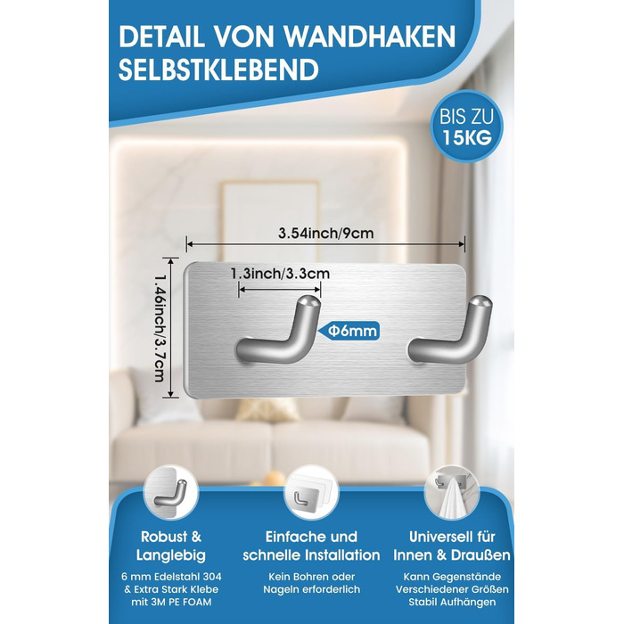 Набір гачків для рушників без свердління, 10 шт., самоклеючі гачки з нержавіючої сталі 304, надміцні клейкі гачки для великих предметів, гачки для стін без свердління для ванної, туалету та кухні, стійкі до корозії, гачки для рушників (подвійні *6)
