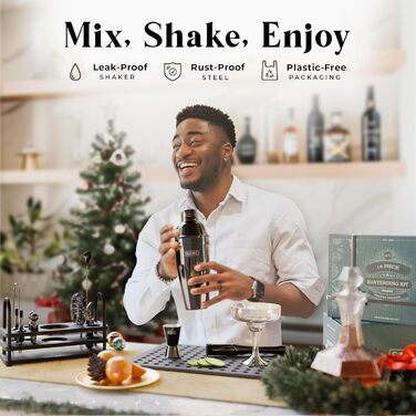 Набір бармена BARE BARREL® з 14 частин: шейкер, аксесуари для Мартіні, інструменти для приготування коктейлів, 35 рецептів, подарунковий набір (680 мл, чорний)