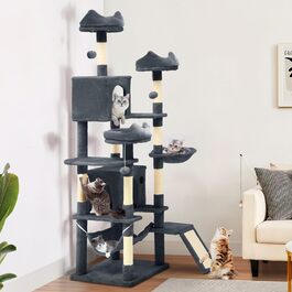 Кігтеточка YITAHOME 190 см, багатоярусна, з сизалю, з гамаком та лежаками, сіра. Центр активності для котів